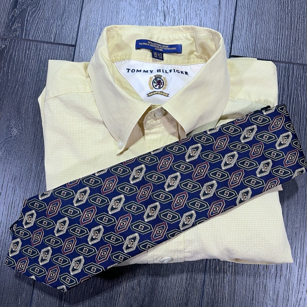 Tommy Hilfiger Dress Shirt Men‎ Size 16.5 L/S Butter Yellow XL Vtg Plus Silk Tie